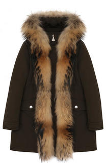 Пуховое пальто с капюшоном и меховой отделкой Moncler Enfant