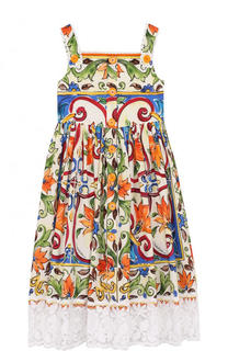 Хлопковое платье с принтом и кружевной отделкой на бретельках Dolce &amp; Gabbana