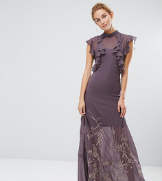 Платье макси с высоким воротом и вышивкой на юбке Hope & Ivy - Серый