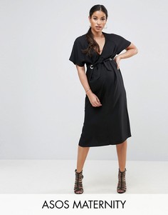 Платье миди с V-образным вырезом, люверсами и поясом ASOS Maternity - Черный