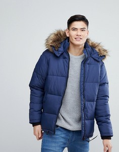 Синяя дутая куртка с искусственным мехом на капюшоне River Island - Синий