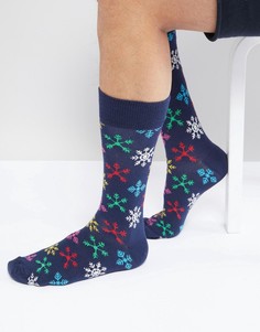 Новогодние носки с рисунком снежинок Happy Socks - Темно-синий