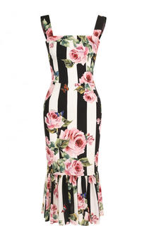Шелковое платье-миди в полоску с цветочным принтом Dolce &amp; Gabbana