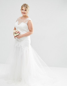 Свадебное платье макси с кружевным лифом и сетчатой юбкой ASOS CURVE - Белый