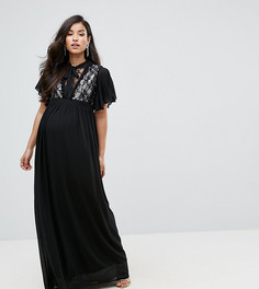 Платье макси с высоким воротом и кружевной вставкой TFNC Maternity - Черный