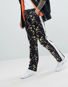 Атласные брюки прямого кроя с японским цветочным принтом ASOS - Черный
