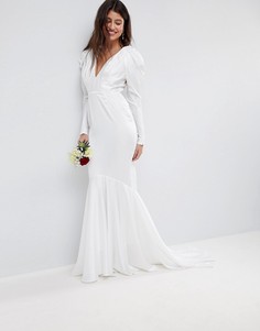 Платье макси с защипами на плечах и годе ASOS BRIDAL - Белый