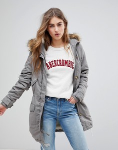 Саржевая парка с подкладкой из искусственного меха Abercrombie & Fitch - Серый