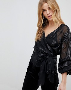 Топ с запахом и отделкой в виде цветов New Look - Черный