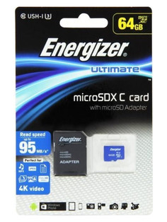 Карта памяти 64Gb - Energizer Micro Secure Digital XC Class 10 UHS-I U3 Ultimate FMDAAU064A с переходником под SD