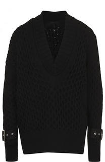 Однотонный пуловер фактурной вязки с V-образным вырезом Sacai