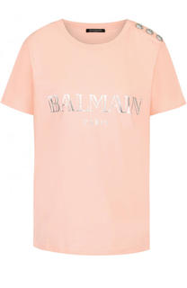 Хлопковая футболка с круглым вырезом и логотипом бренда Balmain