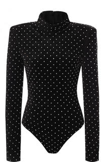 Бархатное блуза-боди с отделкой из страз и воротником-стойкой Saint Laurent