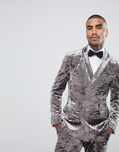 Серый двубортный смокинг суперузкого кроя из мятого бархата ASOS - Серый