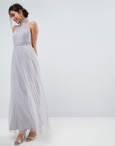 Платье макси из тюля с высоким воротом и отделкой на талии ASOS - Серый