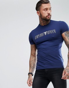 Темно-синяя футболка узкого кроя с круглым вырезом и логотипом Emporio Armani - Темно-синий