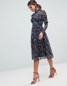 Сетчатое платье миди с высоким воротником и цветочным принтом ASOS - Мульти