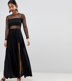 Платье макси из ткани добби и кружева с плиссированной юбкой и длинными рукавами ASOS PETITE - Черный