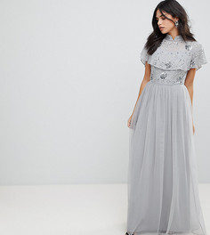 Премиум-платье макси с декорированным топом и высоким воротником Frock And Frill - Серый