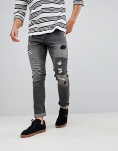 Узкие джинсы с рваной отделкой и нашивками Only & Sons - Серый