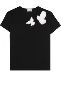 Хлопковая футболка прямого кроя с кружевной вставкой REDVALENTINO