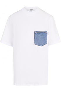Хлопковая футболка прямого кроя с джинсовым накладным карманом MSGM
