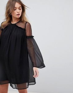 Шифоновое платье с сетчатой вставкой в горошек Influence - Черный