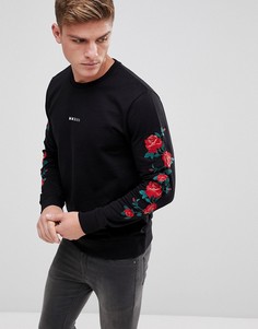 Свитшот с круглым вырезом и принтом роз на рукавах Only & Sons - Черный