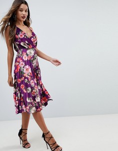 Бархатное платье миди с запахом и цветочным принтом ASOS - Мульти