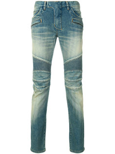 байкерские джинсы с потертой отделкой Balmain