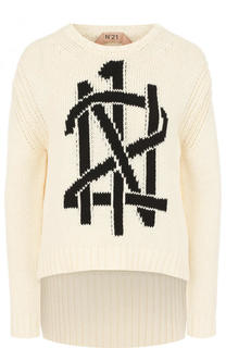 Хлопковый пуловер с удлиненной спинкой и логотипом бренда No. 21