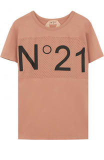 Хлопковая футболка прямого кроя с логотипом бренда No. 21