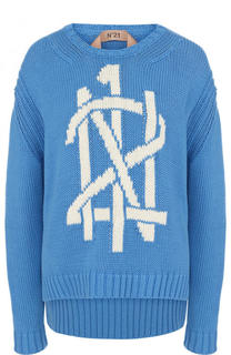 Хлопковый пуловер с удлиненной спинкой и логотипом бренда No. 21