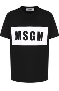 Хлопковая футболка прямого кроя с логотипом бренда MSGM