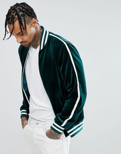Зеленый бархатный бомбер с полосами на рукавах ASOS - Зеленый