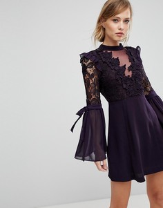 Премиум-платье мини с кружевной отделкой и завязками на рукавах True Decadence - Фиолетовый