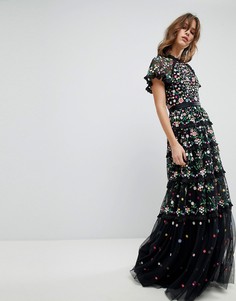 Платье с цветочной вышивкой, высоким воротом и многослойной юбкой Needle & Thread - Черный