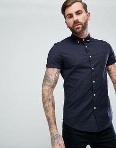 Темно-синяя узкая оксфордская рубашка в стиле casual с короткими рукавами ASOS - Темно-синий