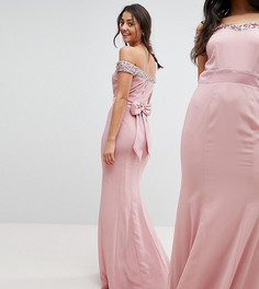 Платье макси с открытыми плечами, отделкой пайетками и бантом сзади Maya Tall - Розовый