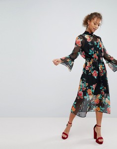 Платье миди с высоким воротом и принтом роз Miss Selfridge - Мульти
