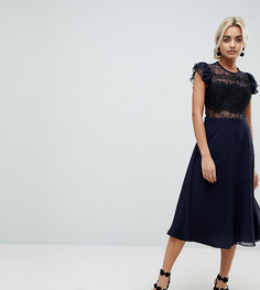 Платье миди с кружевным топом и рукавами-оборками ASOS PETITE - Мульти