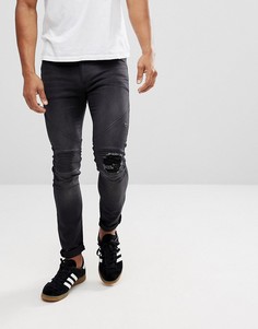 Байкерские джинсы скинни с рваными коленями Religion - Черный