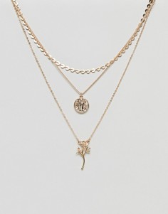 Многорядное ожерелье в винтажном стиле с подвесками в виде монеты и розы ASOS - Золотой