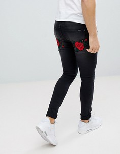 Черные джинсы скинни с вышивкой роз и ласточки Liquor N Poker - Черный