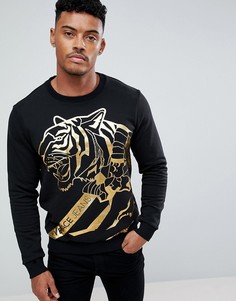 Черный свитшот с золотистым принтом металлик в виде тигра Versace Jeans - Черный