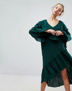 Платье миди с асимметричным подолом и оборками Weekday - Зеленый