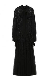 Приталенное платье-макси с воротником аскот и фактурной вышивкой Elie Saab