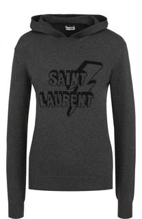 Хлопковый вязаный пуловер с капюшоном и логотипом бренда Saint Laurent