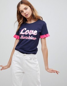 Футболка с логотипом и оборками на рукавах Love Moschino - Темно-синий