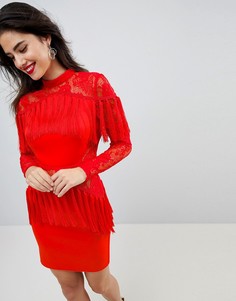 Платье мини с длинными рукавами и кружевными вставками ASOS - Красный